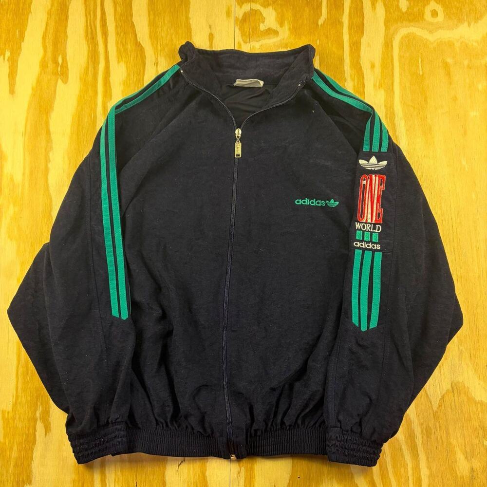 Vintage 80s Adidas “One World” Track Jacket – Navy/Green – Men’s L